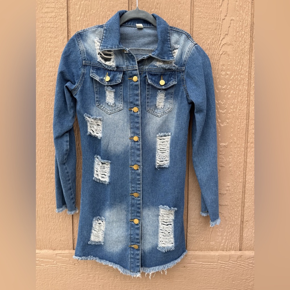 Women’s Denim Long Jacket Distressed Open Back Size S Dark Blue Jean Jacket